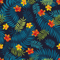 Vector exotic foliage Balinese Hawaiian summer seamless tropical leaves pattern. Bright natural seamless background. Vivid optimistic juicy colors. Repeat Bali, Hawaii floral pattern backdrop