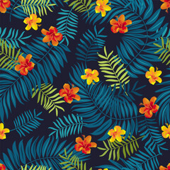 Naklejka na ściany i meble Vector jungle digital paper. Balinese Hawaiian summer seamless tropical leaves pattern. Bright natural seamless background. Vivid optimistic juicy colors. Repeat Bali, Hawaii floral pattern backdrop