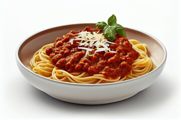 Traditional spaghetti bolognese dish, tomato sauce basil isolated on white background, generative ai