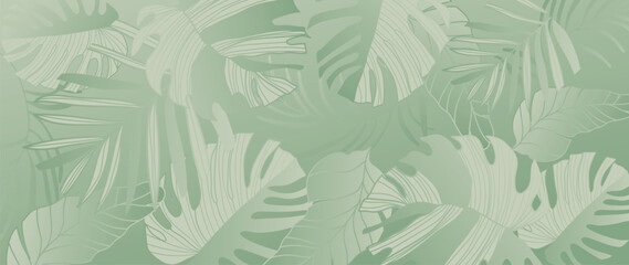 Tropical leaves wallpaper background vector. Natural jungle monstera and palm leaves, foliage pattern design in minimalist pale green color style. Design for fabric, print, cover, banner, decoration. © TWINS DESIGN STUDIO