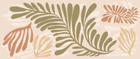 Tropical leaves background vector. Abstract jungle palm leaf shape, hand drawn foliage design in minimalist earth tone color style. Design for fabric, print, cover, banner, decoration, wallpaper.