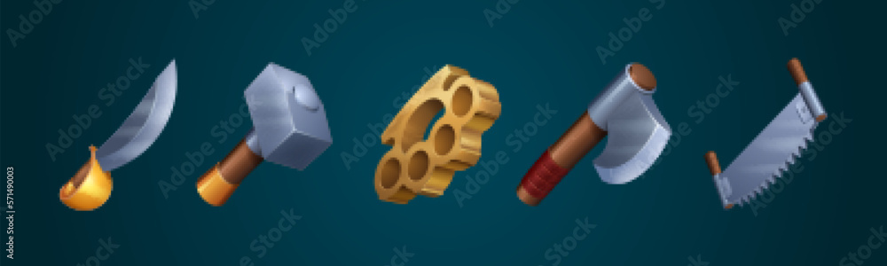 Poster cartoon set of game weapon or tools isolated on background. vector illustration of medieval sharp ir