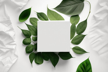 Creative layout made of eco green leaves and empty white box, cosmetic products, mockup on texture background with copy space, Nature spring concept, AI generative