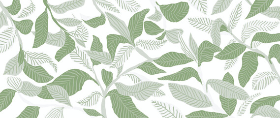 Tropical leaves background vector. Abstract botanical greenery hand drawn foliage in minimalist and line art contour simple style. Design for fabric, print, cover, banner, decoration, wallpaper.