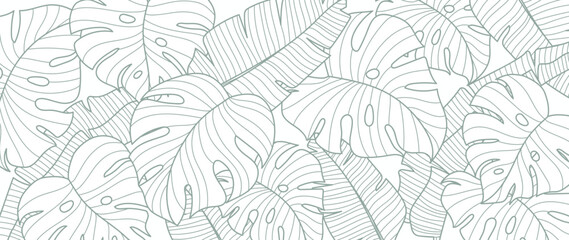 Tropical leaf line art wallpaper background vector. Natural monstera and banana leaves pattern design in minimalist linear contour simple style. Design for fabric, print, cover, banner, decoration. - obrazy, fototapety, plakaty