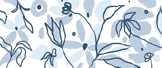 Fototapeta na wymiar Botanical leaf background vector. Natural hand drawn flower line art and floral organic shape design in minimalist doodle simple style. Design for fabric, print, cover, banner, decoration, wallpaper.
