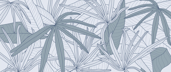 Tropical leaf line art background vector. Natural botanical palm leaves pattern design in minimalist linear contour simple style. Design for fabric, print, cover, banner, decoration, wallpaper.
