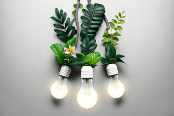 LED light lamp with green leaves and flowers, ECO energy concept. Saving Energy and Ecological Environment. Renewable and saving energy, eco or green power consumption concept, AI Generative - obrazy, fototapety, plakaty