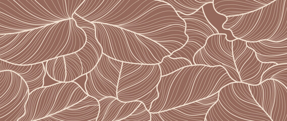 Tropical leaf line art background vector. Abstract botanical floral foliage line art pattern design in minimalist linear contour style. Design for fabric, print, cover, banner, decoration, wallpaper.
