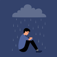 Depression man sitting hugging his knees under rain and cloud. Sad guy in flat design. Unhappy feeling.