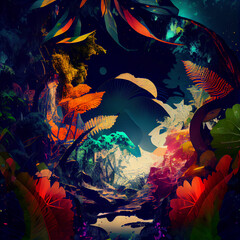 Abstract tropical background with palm trees and flowers