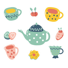 Vector set with cups, teapot and sweets. Collection of mug, cups and sweets in flat style