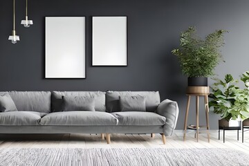 Mockup poster frame on the wall of living room. Luxurious apartment background with contemporary design. Modern interior design