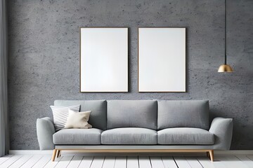 Mockup poster frame on the wall of living room couch. Luxurious apartment background with contemporary design. Modern interior design