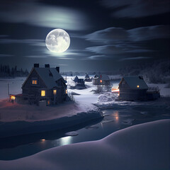 Tranquil 3D Rendering of a Snowy Village with Glowing Moon and Stars. Generative Ai