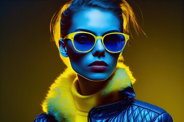 Fashion girl portrait with round sunglasses poses in neon light in the studio - generative ai
