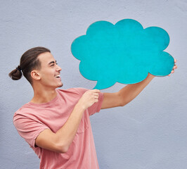 Man, banner or speech bubble on isolated background of voice opinion mockup, social media or vote mock up. Smile, happy or student on paper poster, marketing billboard or feedback review of sale deal