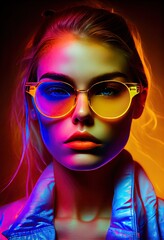 Fashion girl portrait with round sunglasses poses in neon light in the studio - generative ai	
