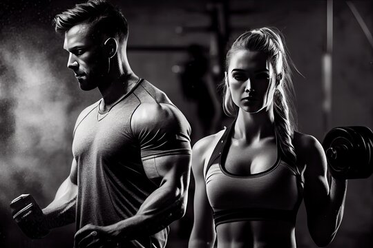 Beautiful young couple at the gym, fit bodies, sport outfit, fictional characters, copy space background - generative ai