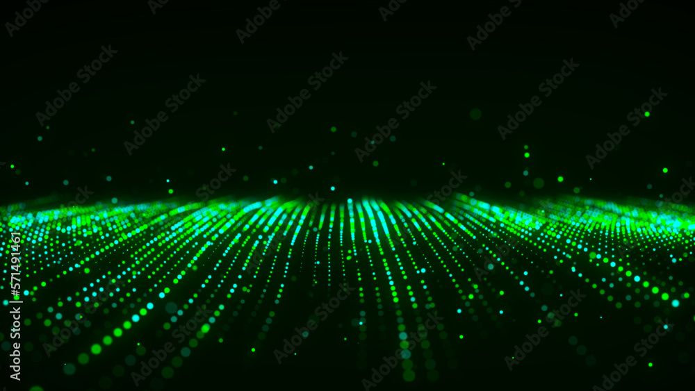 Poster futuristic glitter green wave. technology glow wave. flow of digital particles. 3d rendering.