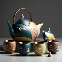 Teapot and cups on the table