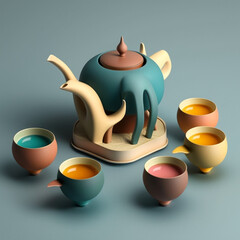 Teapot and cups on the table