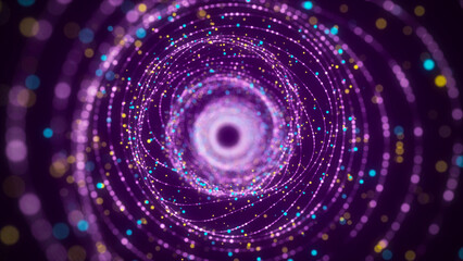 Futuristic dynamic wireframe tunnel on purple background. Digital data flow. Progressive IT technologies. 3d rendering.