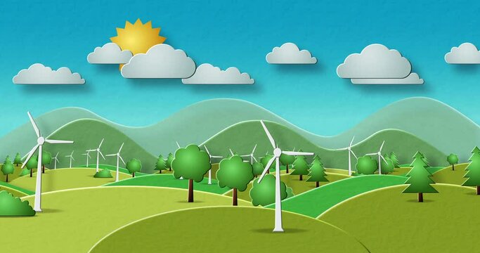 Wind energy and eco renewable power production cartoon paper art style seamless and loopable 3d animation