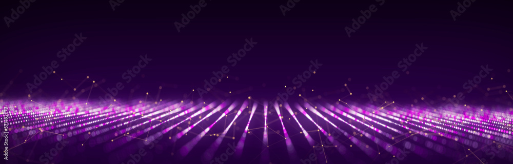 Poster perspective futuristic grid on purple background. flow of glitter dots in digital cyberspace. networ