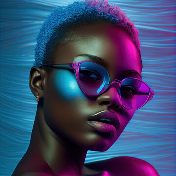 Fashion girl portrait with round sunglasses poses in neon duotone light in the studio - generative ai