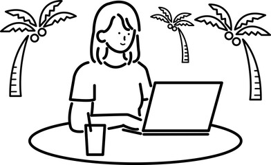 ワーケーションをする女性のイラスト　線画のみ