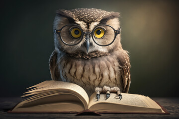 a owl with glasses reading a book with a bookmark in its paws and reading glasses on its head