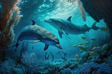 Dolphins and a reef undersea environment, generative AI.