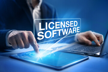 Licensed software concept. Businessman uses licensed software