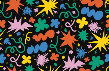 Obraz na płótnie Canvas Abstract cloud and flower shapes seamless pattern. Groovy funky flower, bubble, star, loop, waves in trendy retro 90s 00s cartoon style. Vector background with wavy and spiral elements.