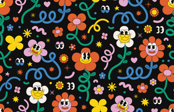 Retro cartoon flower character seamless pattern. Groovy funky comic daisy flower with eyes and abstract cloud shapes in trendy retro cartoon style. Vector background with wavy spiral and loop element.