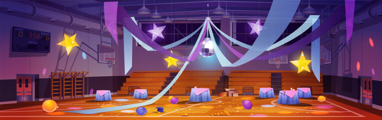 Mess in empty school gym after dance party. Vector cartoon illustration of chaos in sports hall after college prom or graduation ceremony. Disco ball, stars and ribbons decoration, confetti on floor - obrazy, fototapety, plakaty