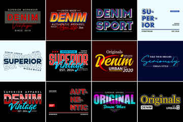 Collection of denim style vector illustration, labels, badges, typography design, t Shirt print