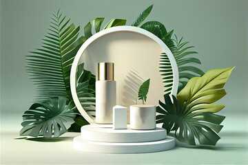 Cosmetic background for product presentation with green leaves created with AI