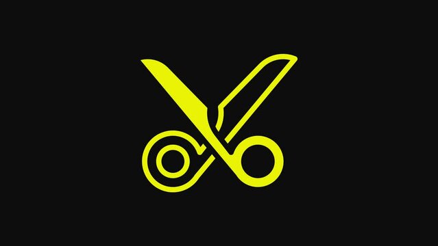 Yellow Scissors icon isolated on black background. Cutting tool sign. 4K Video motion graphic animation