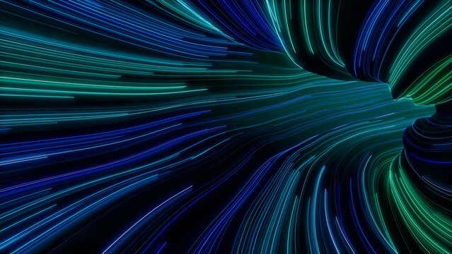Colorful Swoosh Tunnel with Blue, Purple and Green Curves. 3D Render.