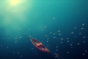 Naklejka na ściany i meble Fishing boat in the sea. Large school of fish in the ocean. Underwater world with sea animals. Generative AI