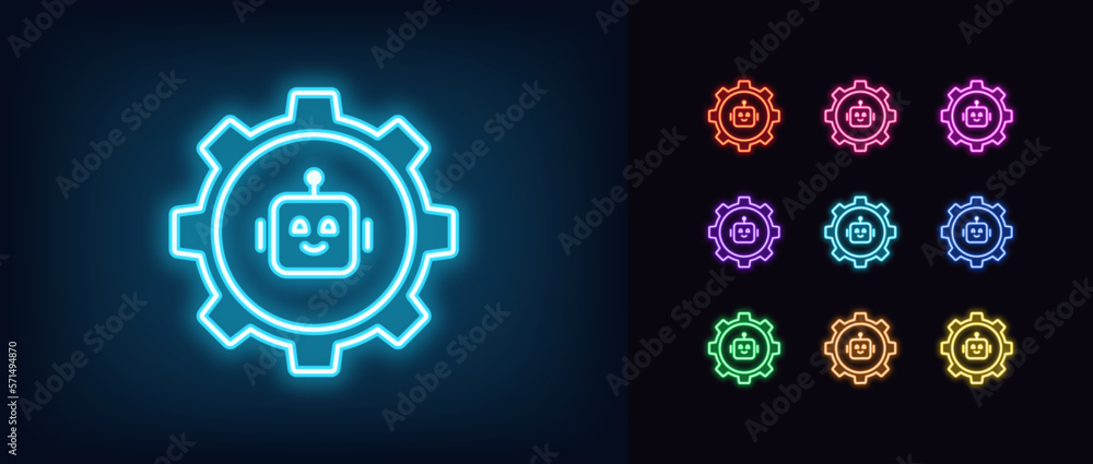 Poster outline neon bot settings icon set. glowing neon gear wheel frame with chatbot sign, smart assistant