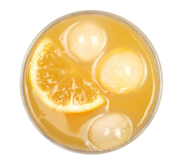 Lemon juice and slice in glass cup with ice cubes isolated on white, top view