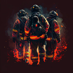 Fototapeta premium Firemen fighting a raging fire with flames created with AI 