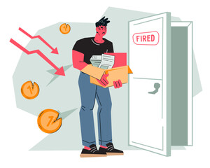 Layoffs and firing concept with dismissed employee, flat cartoon vector illustration isolated on white background. Dismissed upset office worker. Dismissal and unemployment.