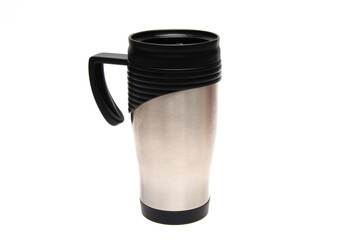 Metal thermo mug on a white isolated background.