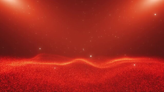Landscape of an abstract planet. The exhilarating red liquid surface and the sparkling white particles flying above it.