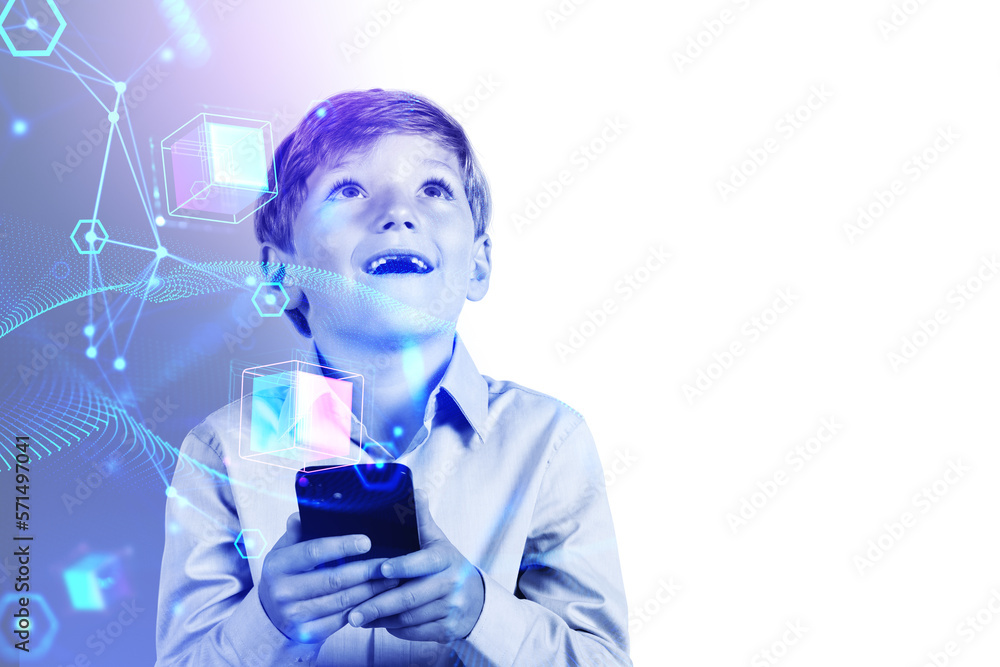 Poster kid boy with smartphone, metaverse and blockchain with data blocks. copy space