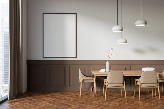 Front view on bright dining room interior with empty poster